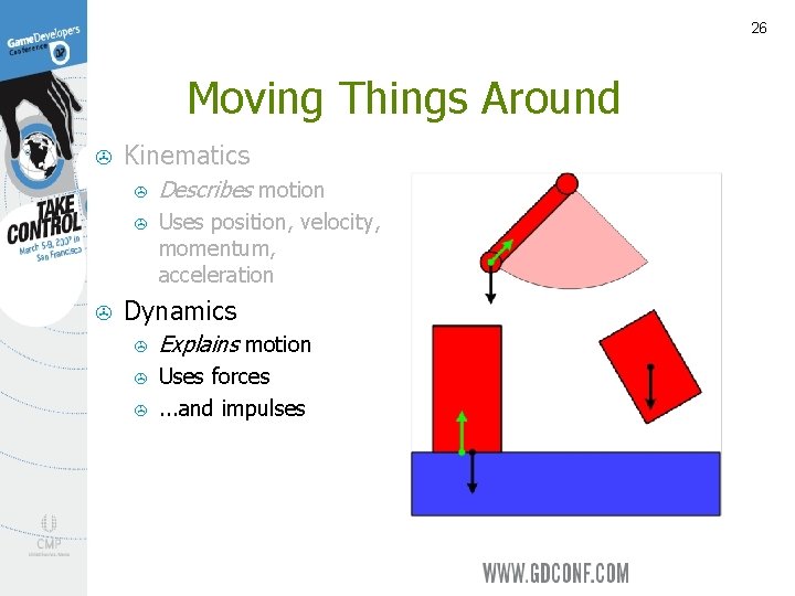 26 Moving Things Around > > Kinematics > Describes motion > Uses position, velocity,