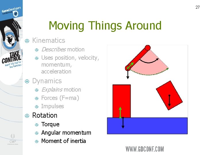 27 Moving Things Around > > Kinematics > Describes motion > Uses position, velocity,