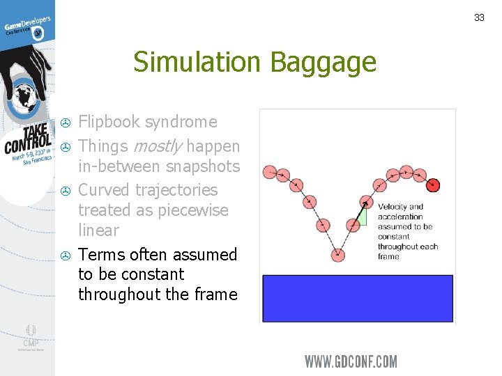 33 Simulation Baggage > > Flipbook syndrome Things mostly happen in-between snapshots Curved trajectories