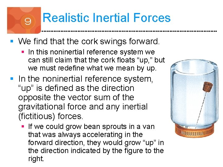 Realistic Inertial Forces § We find that the cork swings forward. § In this