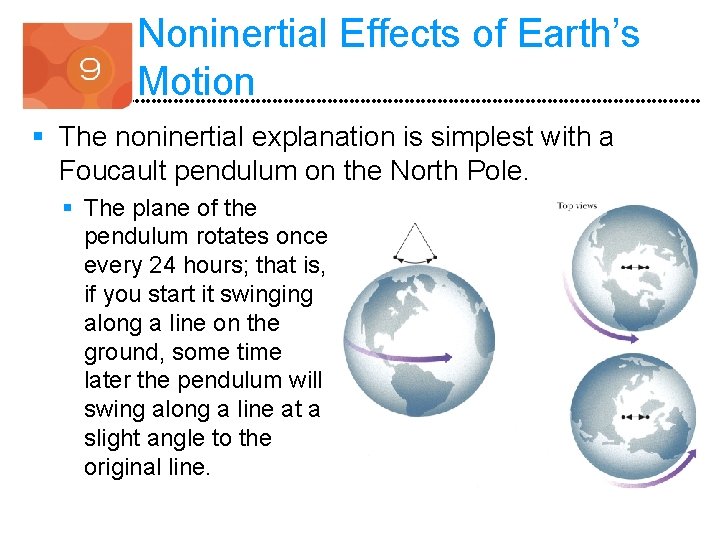 Noninertial Effects of Earth’s Motion § The noninertial explanation is simplest with a Foucault