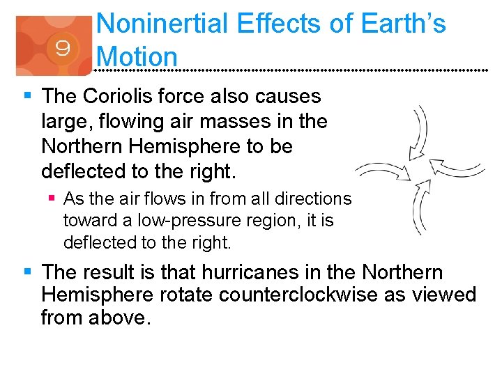 Noninertial Effects of Earth’s Motion § The Coriolis force also causes large, flowing air