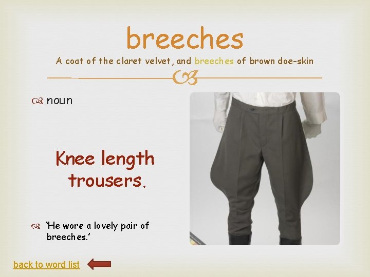 breeches A coat of the claret velvet, and breeches of brown doe-skin noun Knee