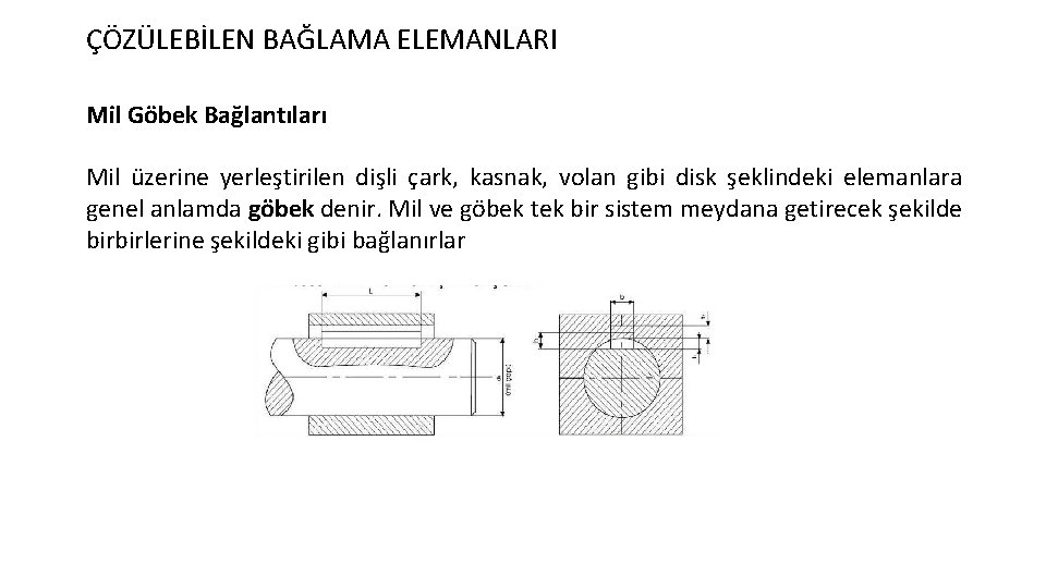 ÇÖZÜLEBİLEN BAĞLAMA ELEMANLARI Mil Göbek Bağlantıları Mil üzerine yerleştirilen dişli çark, kasnak, volan gibi