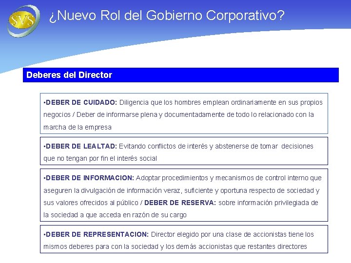 ¿Nuevo Rol del Gobierno Corporativo? Deberes del Director • DEBER DE CUIDADO: Diligencia que