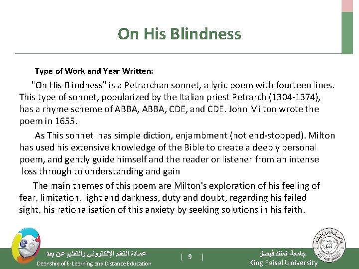 On His Blindness Type of Work and Year Written: "On His Blindness" is a