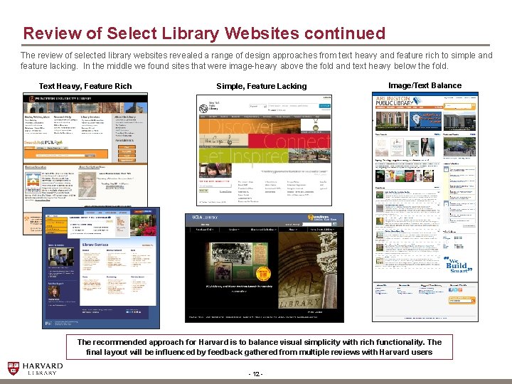 Review of Select Library Websites continued The review of selected library websites revealed a