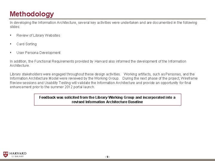 Methodology In developing the Information Architecture, several key activities were undertaken and are documented