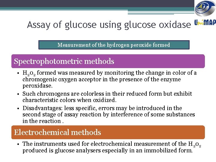 Assay of glucose using glucose oxidase Measurement of the hydrogen peroxide formed Spectrophotometric methods