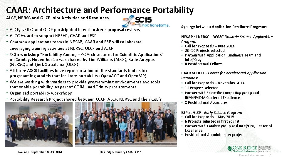 CAAR: Architecture and Performance Portability ALCF, NERSC and OLCF Joint Activities and Resources •
