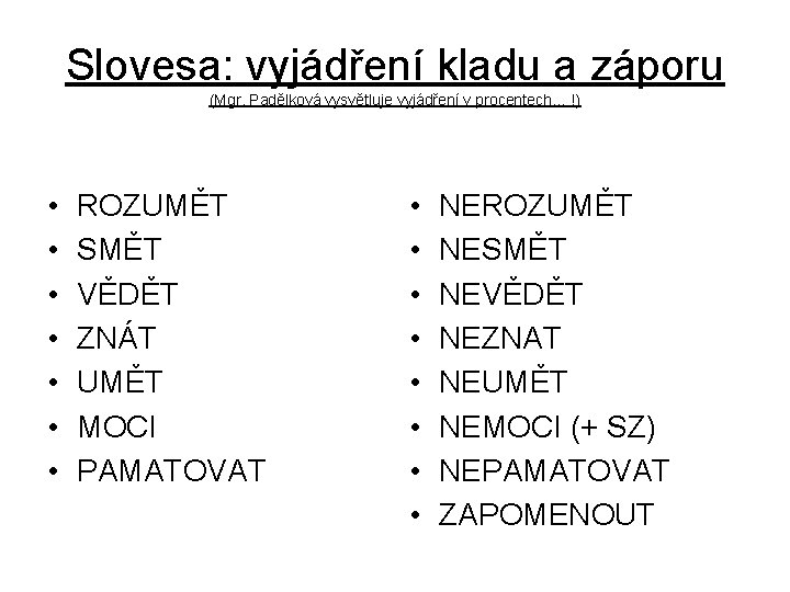 Slovesa: vyjádření kladu a záporu (Mgr. Padělková vysvětluje vyjádření v procentech… !) • •