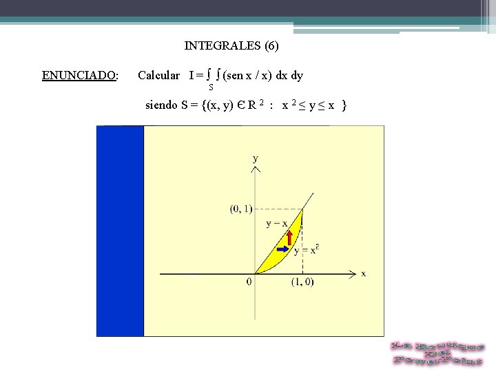  INTEGRALES (6) ENUNCIADO: Calcular I = ∫ ∫ (sen x / x) dx