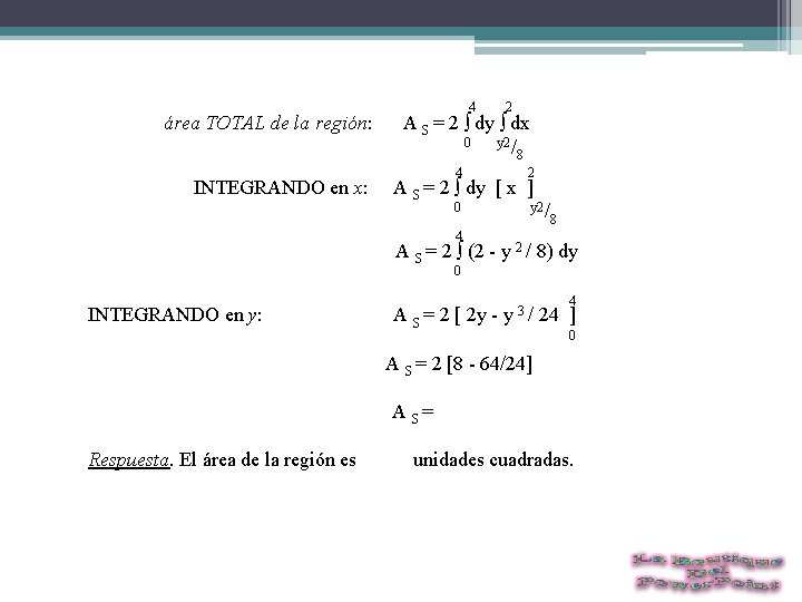  4 2 área TOTAL de la región: A S = 2 ∫ dy