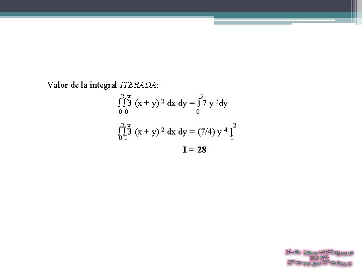  Valor de la integral ITERADA: 2 y 2 ∫ ∫ 3 (x +