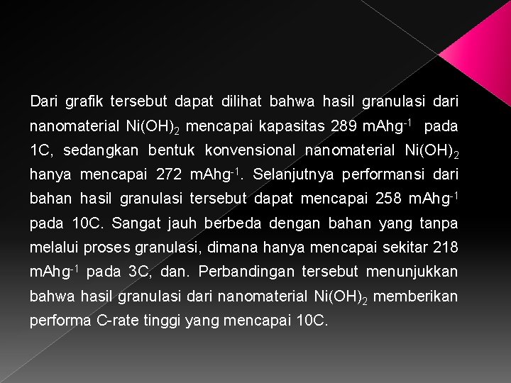 Dari grafik tersebut dapat dilihat bahwa hasil granulasi dari nanomaterial Ni(OH)2 mencapai kapasitas 289