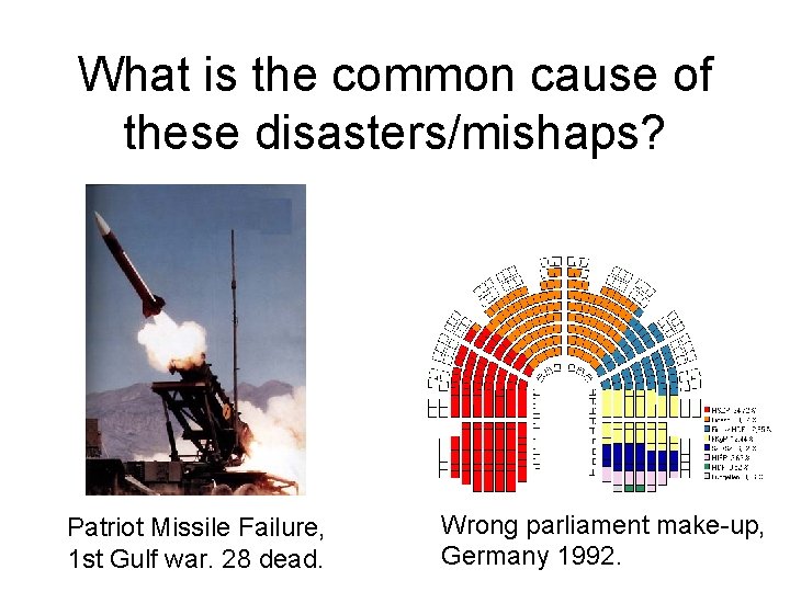 What is the common cause of these disasters/mishaps? Patriot Missile Failure, 1 st Gulf
