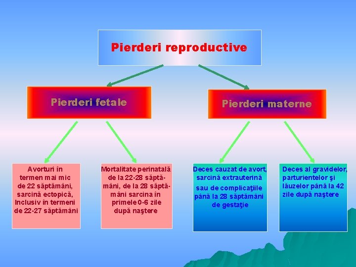 Pierderi reproductive Pierderi fetale Avorturi în termen mai mic de 22 săptămâni, sarcină ectopică,