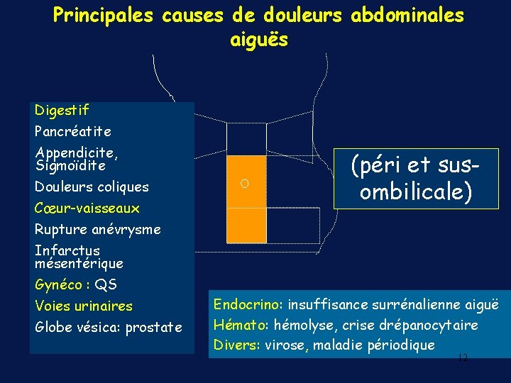 Principales causes de douleurs abdominales aiguës Digestif Pancréatite Appendicite, Sigmoïdite Douleurs coliques Cœur-vaisseaux Rupture