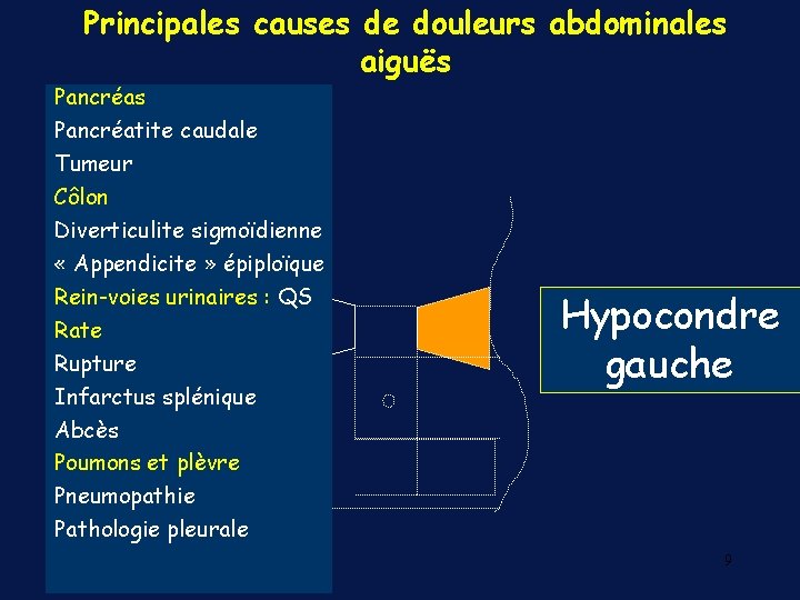 Principales causes de douleurs abdominales aiguës Pancréatite caudale Tumeur Côlon Diverticulite sigmoïdienne « Appendicite