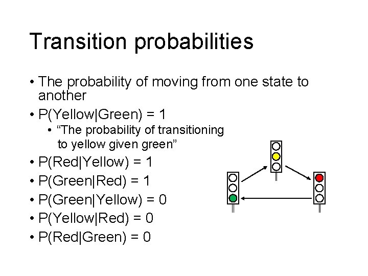 Transition probabilities • The probability of moving from one state to another • P(Yellow|Green)