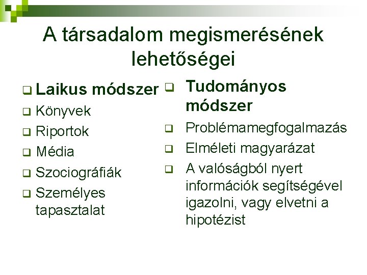 A társadalom megismerésének lehetőségei q Laikus módszer Könyvek q Riportok q Média q Szociográfiák