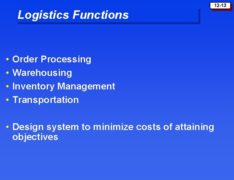 12 -13 Logistics Functions • • Order Processing Warehousing Inventory Management Transportation • Design