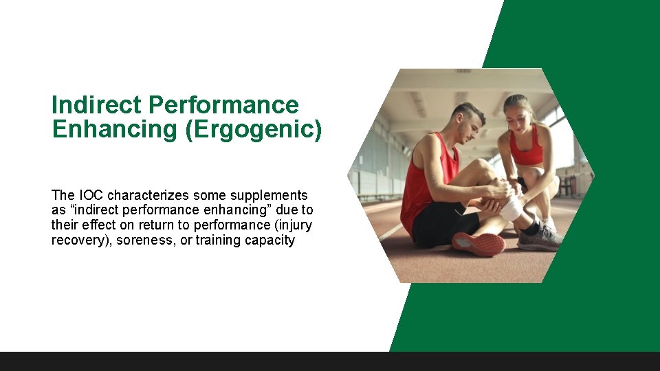 Indirect Performance Enhancing (Ergogenic) The IOC characterizes some supplements as “indirect performance enhancing” due
