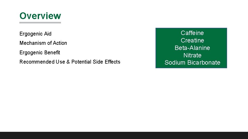 Overview Ergogenic Aid Mechanism of Action Ergogenic Benefit Recommended Use & Potential Side Effects