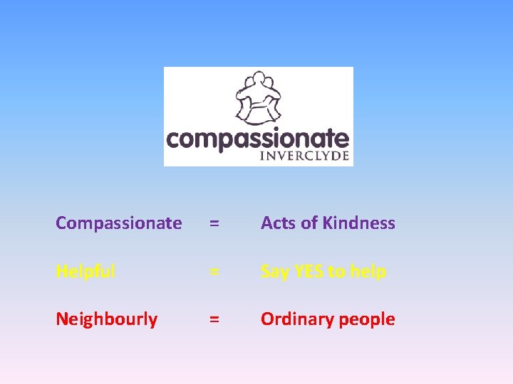Compassionate = Acts of Kindness Helpful = Say YES to help Neighbourly = Ordinary