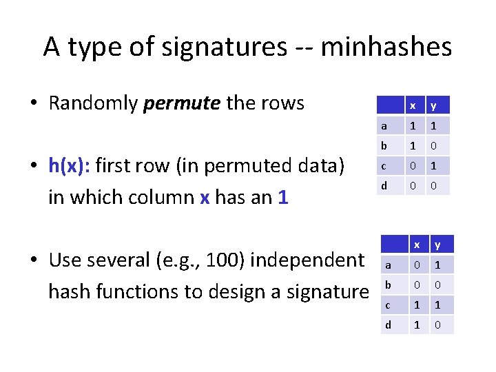 A type of signatures -- minhashes • Randomly permute the rows • h(x): first
