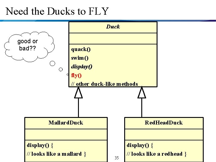 Need the Ducks to FLY Duck good or bad? ? quack() swim() display() fly()