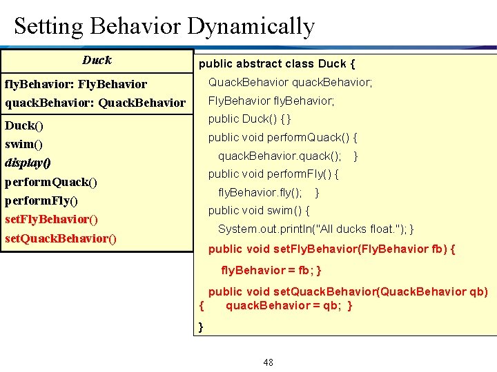 Setting Behavior Dynamically Duck public abstract class Duck { fly. Behavior: Fly. Behavior quack.