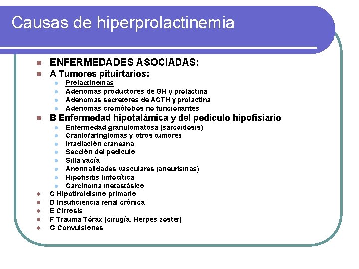 Causas de hiperprolactinemia l ENFERMEDADES ASOCIADAS: l A Tumores pituirtarios: l l Prolactinomas Adenomas