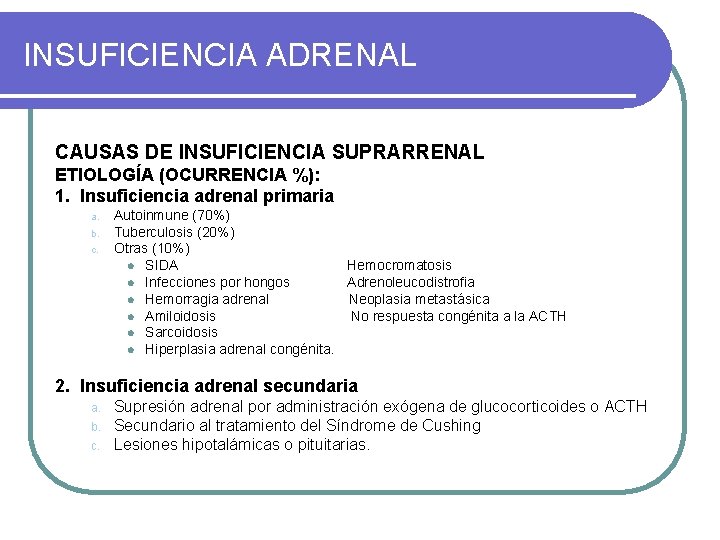 INSUFICIENCIA ADRENAL CAUSAS DE INSUFICIENCIA SUPRARRENAL ETIOLOGÍA (OCURRENCIA %): 1. Insuficiencia adrenal primaria a.