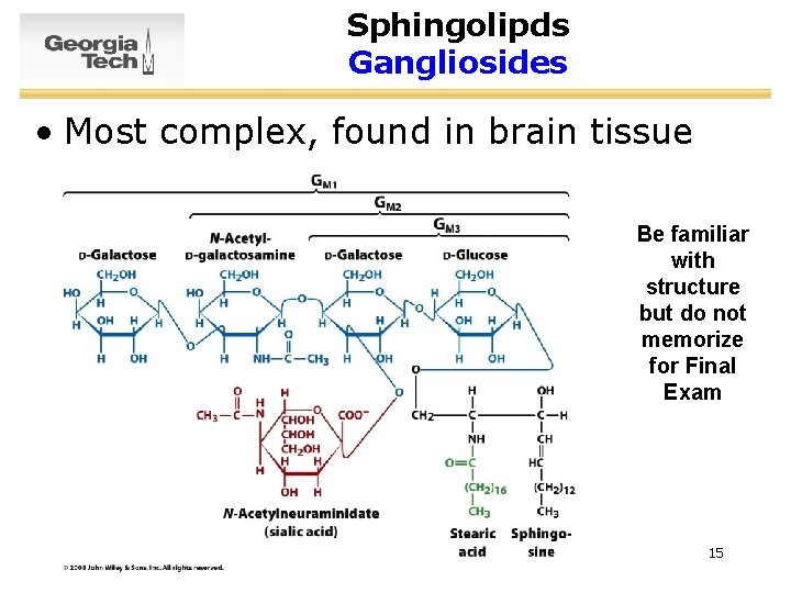 Sphingolipds Gangliosides • Most complex, found in brain tissue Be familiar with structure but