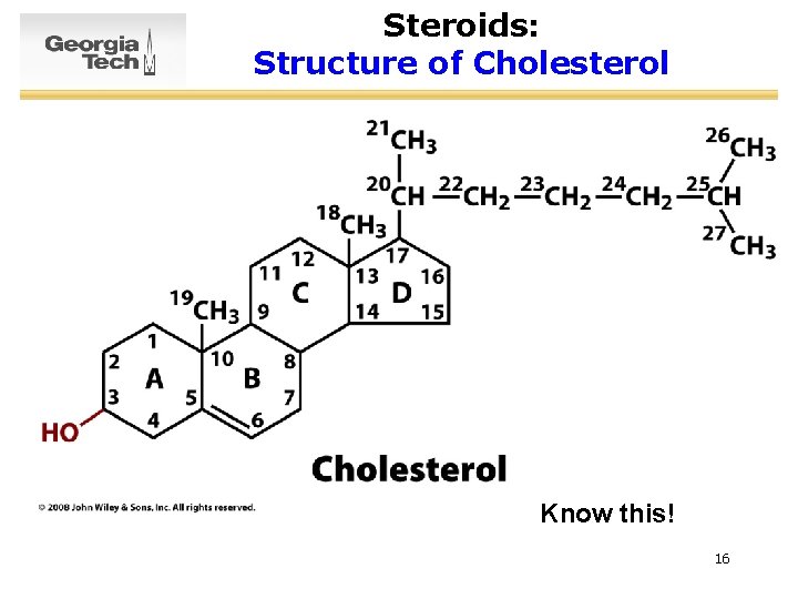 Steroids: Structure of Cholesterol Know this! 16 