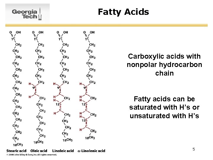 Fatty Acids Carboxylic acids with nonpolar hydrocarbon chain Fatty acids can be saturated with