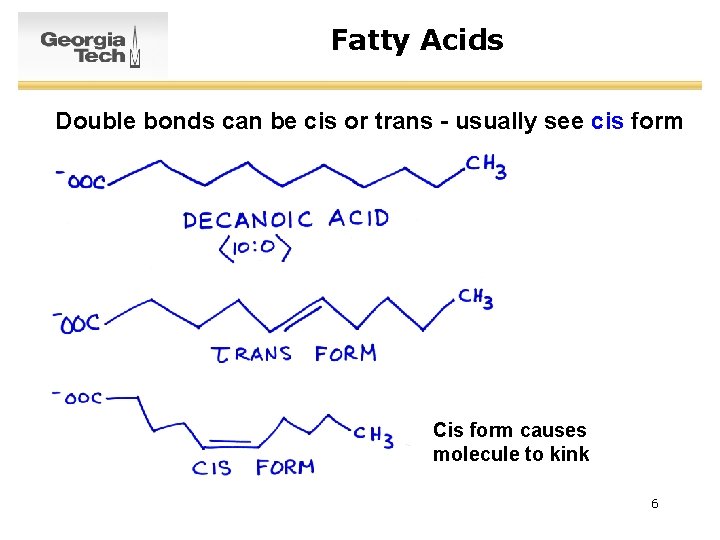 Fatty Acids Double bonds can be cis or trans - usually see cis form