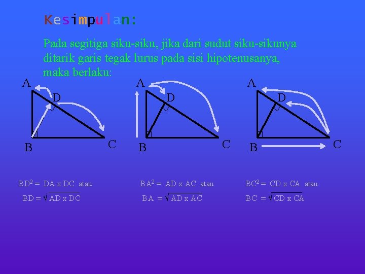 Kesimpulan: A Pada segitiga siku-siku, jika dari sudut siku-sikunya ditarik garis tegak lurus pada
