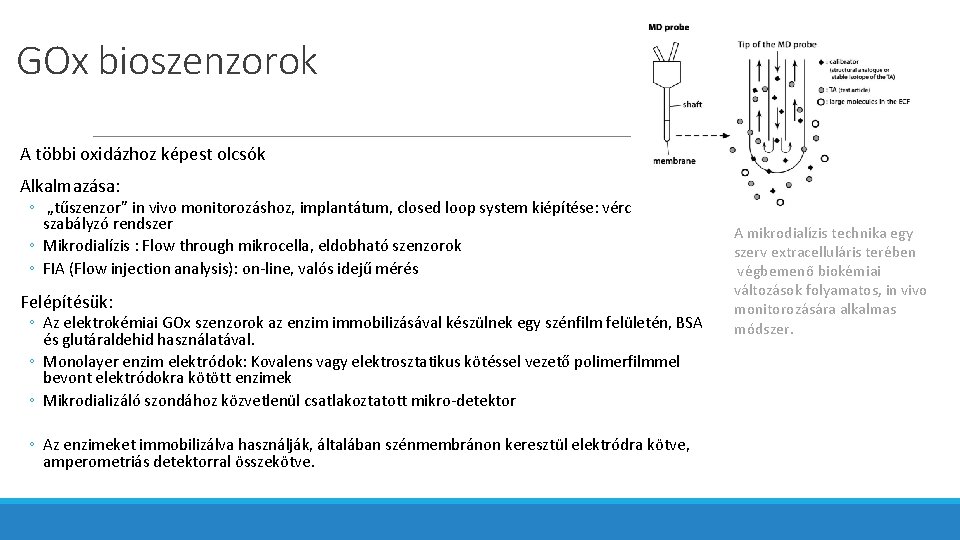 GOx bioszenzorok A többi oxidázhoz képest olcsók Alkalmazása: ◦ „tűszenzor” in vivo monitorozáshoz, implantátum,