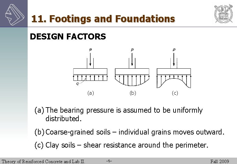 11. Footings and Foundations DESIGN FACTORS (a) (b) (c) (a) The bearing pressure is