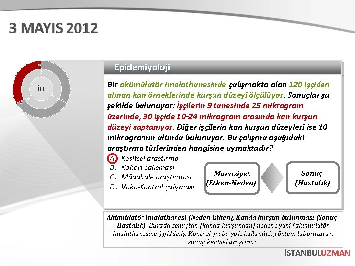 Epidemiyoloji İH Bir akümülatör imalathanesinde çalışmakta olan 120 işçiden alınan kan örneklerinde kurşun düzeyi