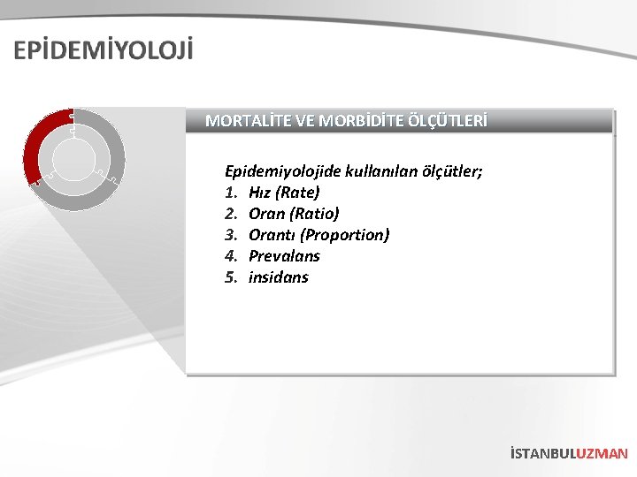 MORTALİTE VE MORBİDİTE ÖLÇÜTLERİ Epidemiyolojide kullanılan ölçütler; 1. Hız (Rate) 2. Oran (Ratio) 3.