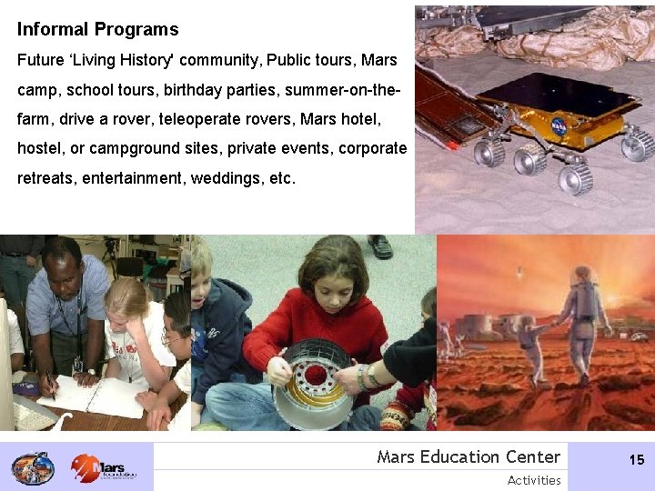 Informal Programs Future ‘Living History' community, Public tours, Mars camp, school tours, birthday parties,