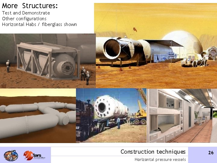 More Structures: Test and Demonstrate Other configurations Horizontal Habs / fiberglass shown Construction techniques