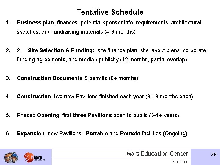 Tentative Schedule 1. Business plan, finances, potential sponsor info, requirements, architectural sketches, and fundraising