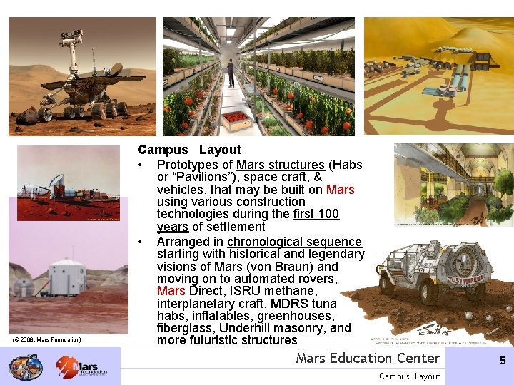 (© 2008, Mars Foundation) Campus Layout • Prototypes of Mars structures (Habs or “Pavilions”),