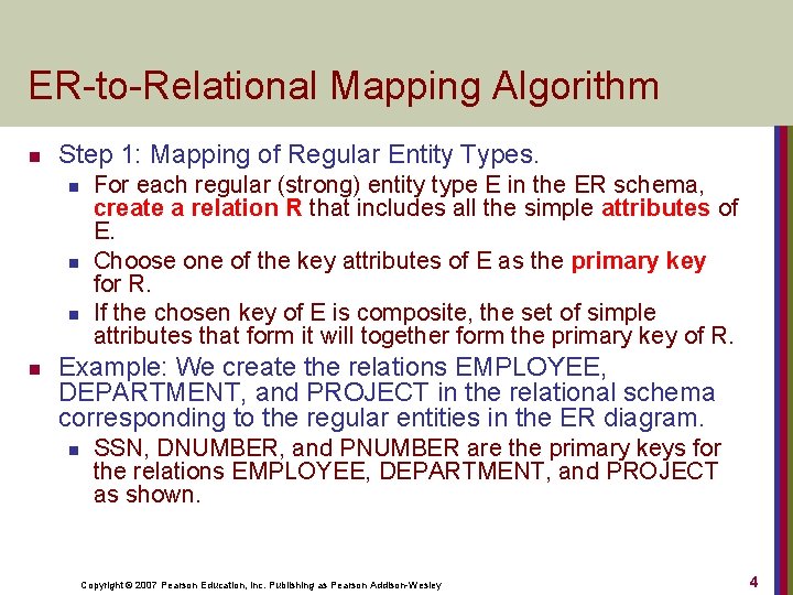 ER-to-Relational Mapping Algorithm n Step 1: Mapping of Regular Entity Types. n n For