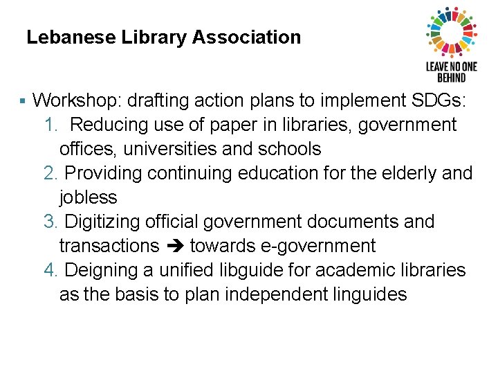 Lebanese Library Association § Workshop: drafting action plans to implement SDGs: 1. Reducing use