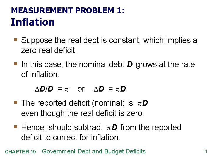 MEASUREMENT PROBLEM 1: Inflation § Suppose the real debt is constant, which implies a